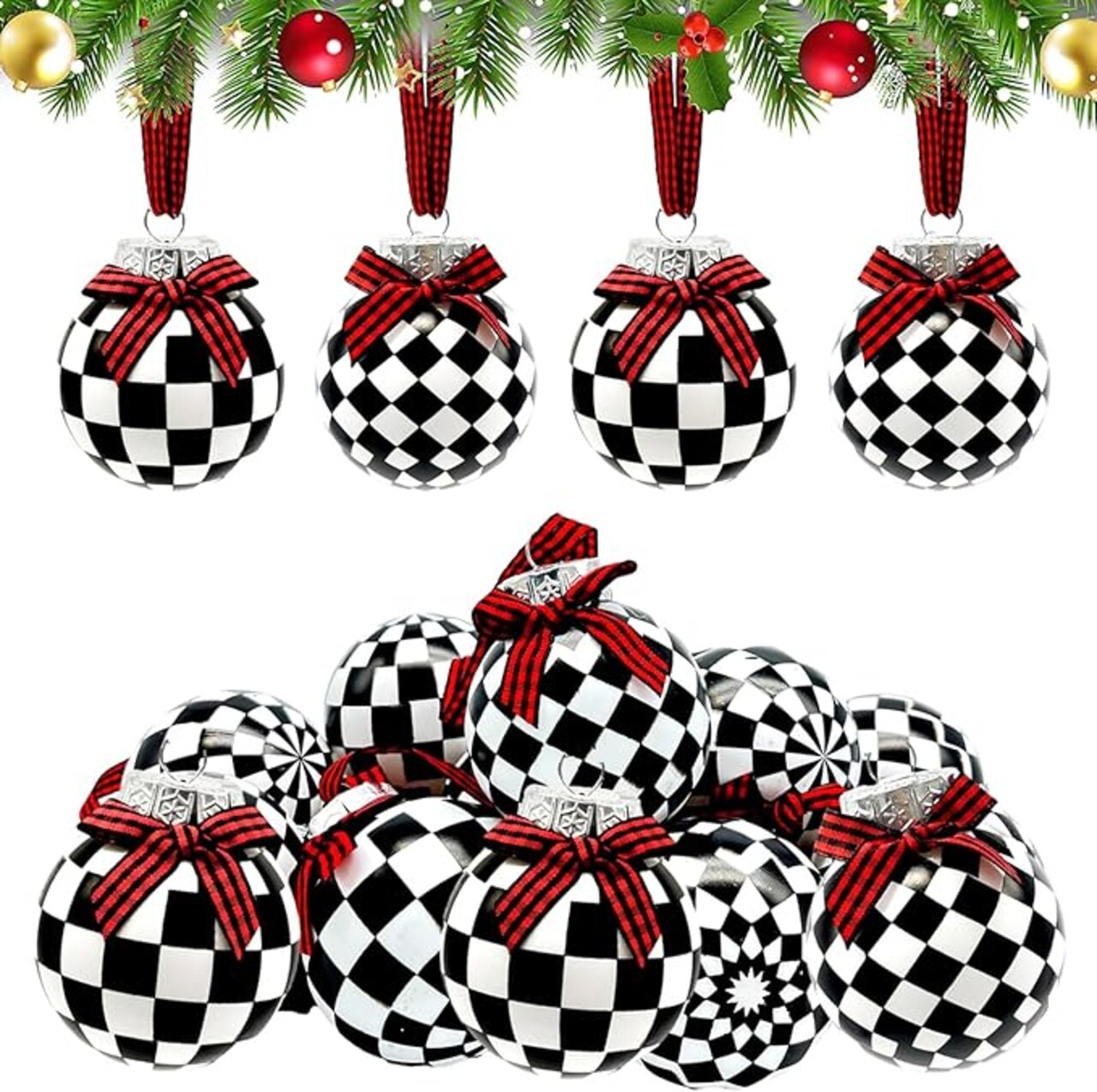 12 Pieces Black and White Winter Balls Black and White Checkered Ball Ornament Farmhouse Christmas Hanging balls Ornaments with Buffalo Check Bow Christmas Tree Decor for Home